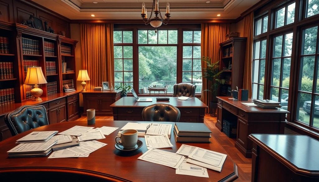 estate planning, high-resolution, 4k, photorealistic, detailed, professional financial advisory office with wooden furniture, warm lighting, elegant decor, hardwood floors, large windows overlooking a lush garden, a paperwork-covered desk with a laptop and a cup of coffee, a lawyer or financial advisor sitting at the desk working, law books and documents on shelves behind, warm and sophisticated atmosphere that conveys the seriousness and importance of estate planning estate planning, high-resolution, 4k, photorealistic, detailed, professional financial advisory office with wooden furniture, warm lighting, elegant decor, hardwood floors, large windows overlooking a lush garden, a paperwork-covered desk with a laptop and a cup of coffee, a lawyer or financial advisor sitting at the desk working, law books and documents on shelves behind, warm and sophisticated atmosphere that conveys the seriousness and importance of estate planning