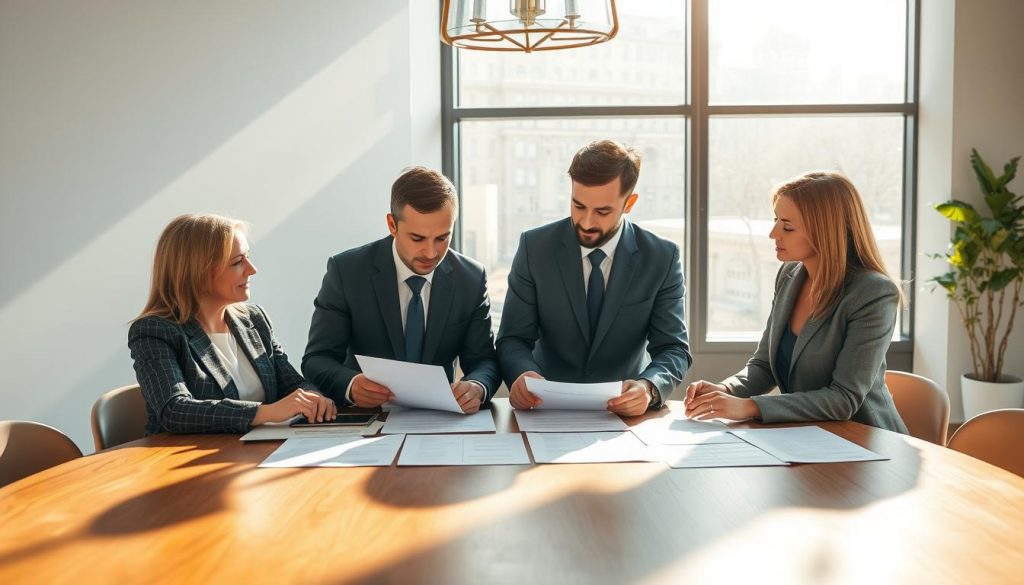 estate planning specialists having a meeting, four professionals in formal business attire discussing legal documents and paperwork on a wooden table, sunlight streaming through large windows, modern office setting with minimal decor, warm tones, shallow depth of field, high resolution, photorealistic