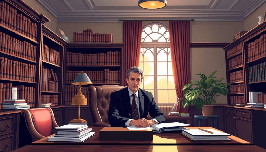 high quality detailed digital illustration of an estate planning professional office, with a solicitor or lawyer in the foreground sitting at a desk, surrounded by bookshelves and legal documents, with a large window in the background letting in warm natural lighting, conveying a sense of professionalism, expertise, and trustworthiness to assist with estate planning services in the UK high quality detailed digital illustration of an estate planning professional office, with a solicitor or lawyer in the foreground sitting at a desk, surrounded by bookshelves and legal documents, with a large window in the background letting in warm natural lighting, conveying a sense of professionalism, expertise, and trustworthiness to assist with estate planning services in the UK