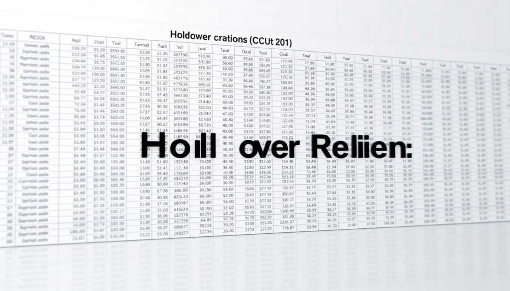 highly detailed 3d render of a hold over relief calculation, featuring a complex spreadsheet-like interface with rows and columns of financial data, presented in a clean, modern style with subtle lighting and reflections, creating a sense of depth and dimensionality, with a minimalist and professional aesthetic that effectively conveys the technical and analytical nature of the subject matter.