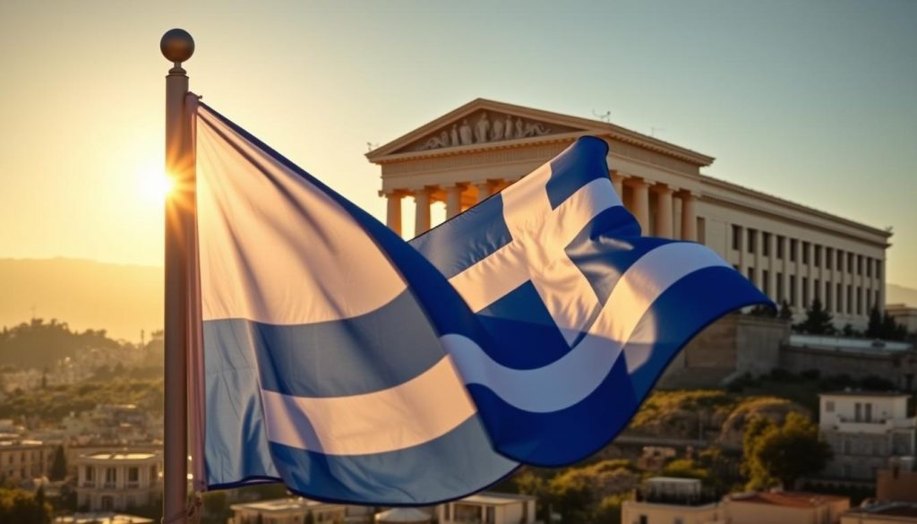 A Greek flag waving gently in the foreground, casting a warm glow over a picturesque Athenian cityscape in the middle ground. In the background, a majestic neoclassical government building, its columns and pediment bathed in golden sunlight, symbolizing the intersection of British and Greek tax policies. The scene conveys a sense of cultural exchange, highlighting the importance of understanding the nuances of inheritance tax treaties between the two nations.