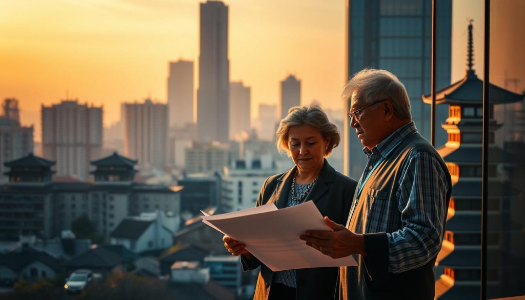 A Japanese cityscape at dusk, with towering skyscrapers and traditional architecture. In the foreground, a middle-aged couple stands, their expressions pensive as they gaze at financial documents. Warm, golden light filters through the windows, casting long shadows across the scene. The background is hazy, with a sense of wealth and prosperity, yet tinged with a melancholic undertone, hinting at the complexities of inheritance tax in Japan and its implications for UK homeowners with assets in the country.