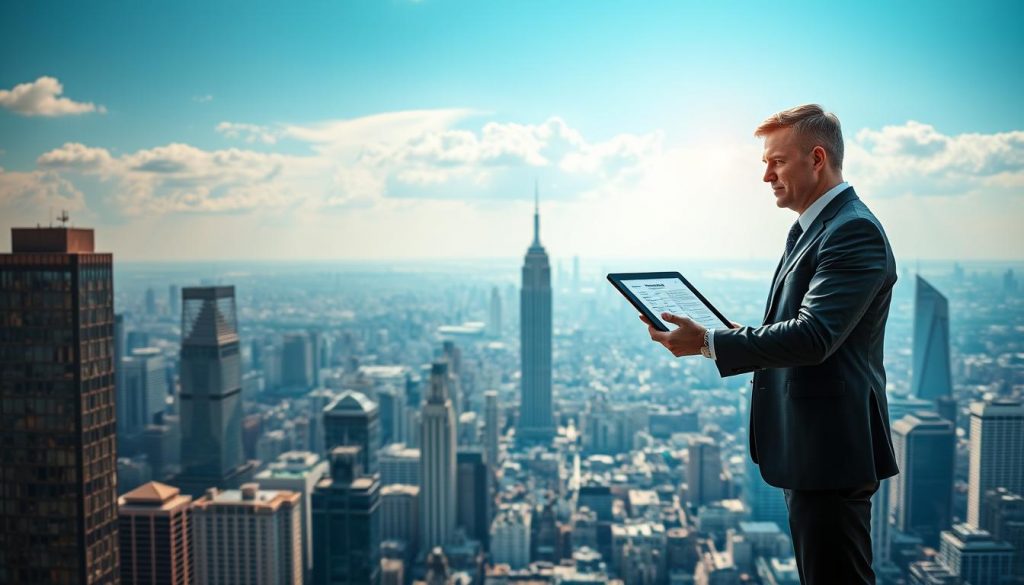 A breathtaking panoramic view of a bustling cityscape, with towering skyscrapers and a vibrant financial district in the foreground. The sun casts a warm, golden glow, illuminating the intricate web of investments and financial strategies at play. In the middle ground, a well-dressed investor stands confidently, holding a tablet that displays a detailed VCT investment plan. The background is a serene, cloud-filled sky, symbolizing the potential for growth and prosperity. The scene conveys a sense of stability, security, and the strategic application of VCT investment principles to safeguard one's inheritance.