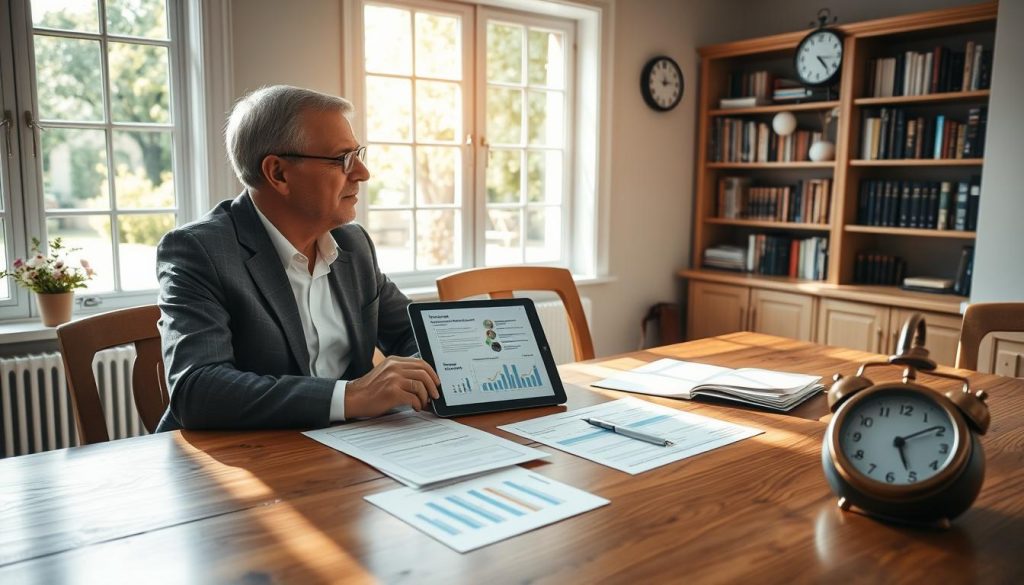A bright, airy room with a large window overlooking a serene garden. In the foreground, a well-dressed couple sits at a polished oak table, engaged in a thoughtful discussion. Sunlight streams in, casting a warm, contemplative glow. On the table, various financial documents and a tablet display visualizations of inheritance tax planning strategies. The couple's expressions convey a sense of understanding and confidence as they navigate the complexities of inheritance tax. The background features bookshelves filled with financial literature, and a subtle ticking clock suggests the importance of timely planning. The overall atmosphere is one of informed decision-making and a commitment to secure the future.