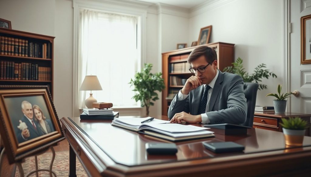 A bright, well-lit home office with a large mahogany desk and a bookshelf filled with legal tomes. On the desk, a stack of financial documents, a pen, and a calculator. In the foreground, a family portrait and a potted plant. A warm, professional atmosphere conveyed through soft lighting and a neutral color palette. A tax accountant or financial advisor sitting at the desk, deep in thought, contemplating inheritance tax strategies.