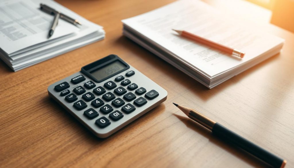 A calculator resting on a sleek wooden desk, surrounded by a neatly organized stack of documents and a well-sharpened pencil. The calculator's display shows detailed calculations, representing the intricate process of inheritance tax assessment. Soft, natural lighting filters through a nearby window, casting a warm glow over the scene. The overall atmosphere conveys a sense of precision, organization, and the importance of accurately managing financial obligations.