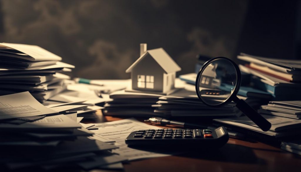 A cluttered desk overflowing with documents, calculator, and a cracked magnifying glass, symbolizing the complexities and potential pitfalls of property valuation. The foreground is dimly lit, casting shadows that obscure crucial details. In the middle ground, a distorted 3D model of a house, representing the inaccuracies that can arise from improper assessment. The background is hazy, with indistinct shapes and muted colors, conveying the uncertainty and confusion often associated with property valuation mistakes. The overall mood is one of unease and the need for a more meticulous, well-lit approach to this critical financial task.