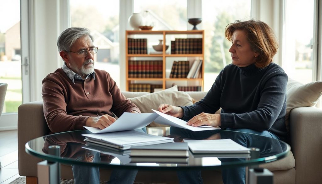 A contemporary home interior, sunlit through large windows, featuring a cozy living room. In the foreground, a middle-aged couple, concerned expressions on their faces, sits at a glass-topped coffee table, examining documents. Behind them, a bookshelf in the middle ground holds legal volumes and estate planning materials. The background depicts an idyllic suburban landscape, hinting at the property they jointly own. Soft, natural lighting illuminates the scene, creating a contemplative atmosphere as the couple considers the inheritance tax implications of their shared home.