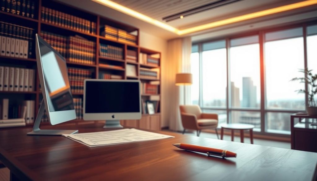 A contemporary office interior, softly illuminated by warm lighting. In the foreground, a wooden table with a desktop computer, financial documents, and a pen resting on top. In the middle ground, a well-stocked bookshelf filled with legal and accounting texts, reflecting the serious nature of inheritance tax planning. The background features a large window overlooking a cityscape, suggesting the financial implications of effective inheritance tax strategies. The overall atmosphere is one of thoughtful consideration and professional expertise.