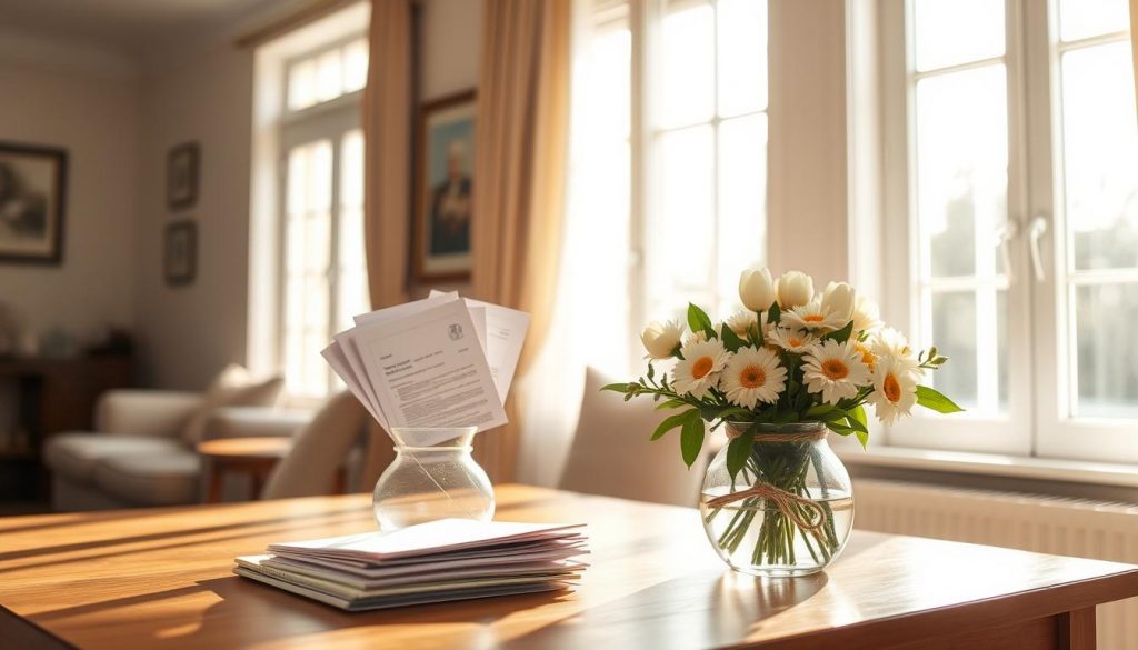 A cozy home interior, sunlight streaming through large windows, casting a warm glow on a table adorned with a bouquet of fresh flowers. On the table, an elegant glass vase containing various documents, representing the exemptions and legal paperwork associated with inheritance tax gifts. The room exudes a sense of tranquility and organization, reflecting the careful planning and attention to detail required for this important financial matter.