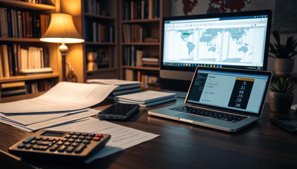 A cozy home office illuminated by warm, soft lighting. On the desk, a calculator, some papers, and a laptop displaying a spreadsheet with complex formulas. In the background, bookshelves filled with reference materials and a world map hinting at the global nature of estate planning. The atmosphere is one of focused concentration, with a touch of elegance and professionalism, reflecting the careful consideration required for calculating inheritance tax in the UK.