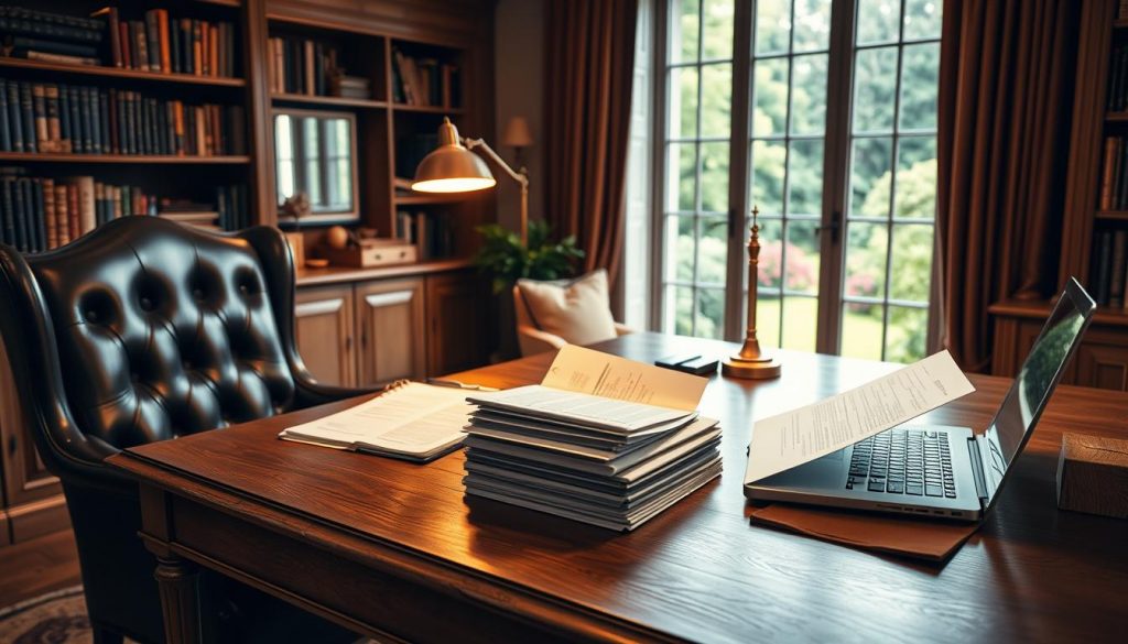 A cozy home office with a large oak desk, a plush leather chair, and bookshelves lining the walls. Soft, warm lighting illuminates a stack of legal documents and an opened laptop, hinting at the complex financial planning involved in non-domicile inheritance tax advice. On the desk, a brass desk lamp casts a golden glow, creating a contemplative atmosphere. In the background, a large window overlooks a lush garden, suggesting the importance of carefully managing one's assets for future generations. The scene conveys the expertise and care required to navigate the intricacies of inheritance tax for individuals with non-domicile status.