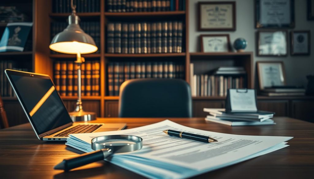 A cozy home office with a wooden desk, a laptop, and a stack of financial documents. Warm, golden lighting from a desk lamp illuminates the scene, creating a contemplative atmosphere. In the foreground, a magnifying glass and a pen sit next to the documents, suggesting a careful examination of the details. Behind the desk, a bookshelf filled with legal and financial volumes provides a sense of expertise and authority. The walls are adorned with framed certificates and diplomas, hinting at the homeowner's professional qualifications. The overall composition conveys a sense of thoughtful planning and diligence in managing one's inheritance and tax affairs.