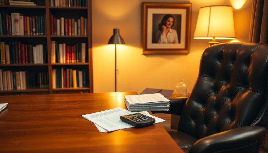 A cozy home office with a wooden desk and plush leather chair. On the desk, a stack of documents and a digital calculator, symbolic of the annual gift exemption. Warm, diffused lighting from a floor lamp casts a golden glow, creating an atmosphere of thoughtful contemplation. In the background, a bookshelf filled with financial planning guides and a framed family portrait, hinting at the importance of inheritance and legacy. The overall scene conveys a sense of financial responsibility and the careful consideration of one's assets.
