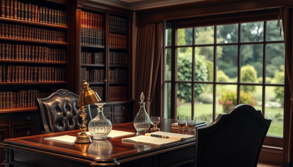 A cozy home office with an ornate oak desk, a plush leather chair, and a towering bookshelf filled with leather-bound volumes. Soft, ambient lighting casts a warm glow, creating an atmosphere of thoughtful contemplation. On the desk, a polished brass lamp illuminates important documents, while a vintage crystal decanter and two snifters suggest a moment of quiet reflection. In the background, a large window overlooks a lush, manicured garden, blurring the line between indoor and outdoor spaces. This serene setting evokes the careful planning and attention to detail required when considering will trusts and inheritance tax.