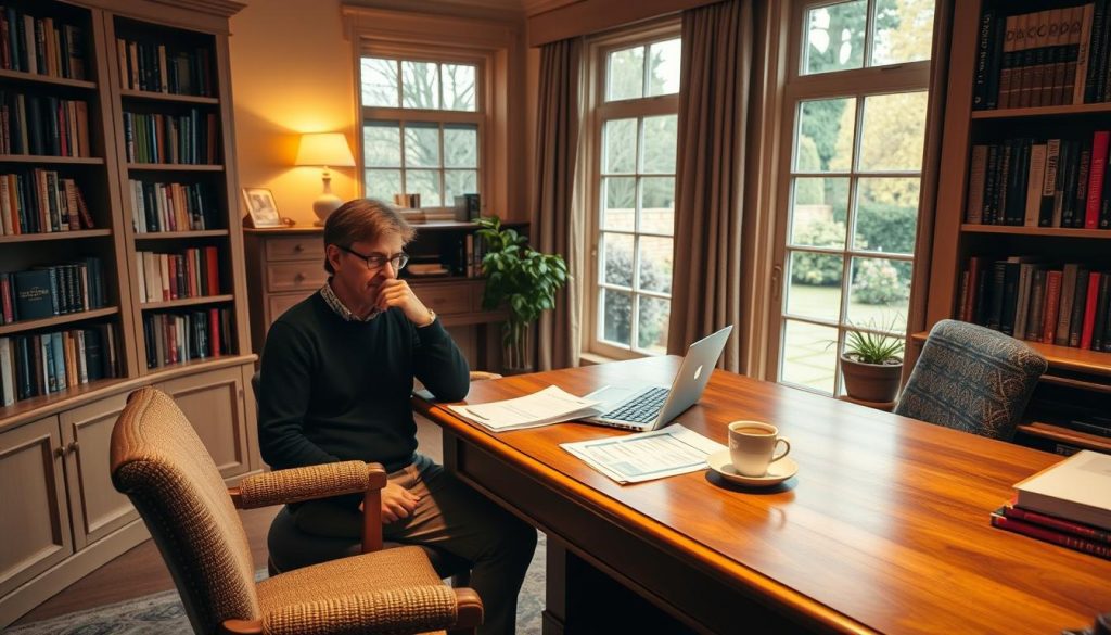 A cozy home office with warm lighting, a large wooden desk, and bookshelves lining the walls. On the desk, a laptop, a stack of financial documents, and a cup of tea. In the background, a window overlooking a peaceful garden. The mood is one of thoughtful contemplation, as the subject explores inheritance tax planning strategies to navigate the complexities of the UK's tax system.