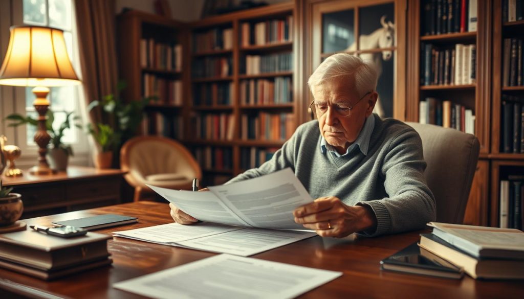 A cozy home study, bathed in soft, warm lighting. In the foreground, an elderly couple sits at a wooden desk, poring over legal documents - their wills, meticulously crafted to minimize the burden of inheritance tax. The husband, brow furrowed in concentration, holds a pen, while the wife contemplates their financial future. In the background, bookshelves line the walls, suggesting a lifetime of accumulated knowledge. The scene conveys a sense of quiet contemplation, as the couple navigates the complexities of estate planning, ensuring their legacy is preserved for their loved ones.