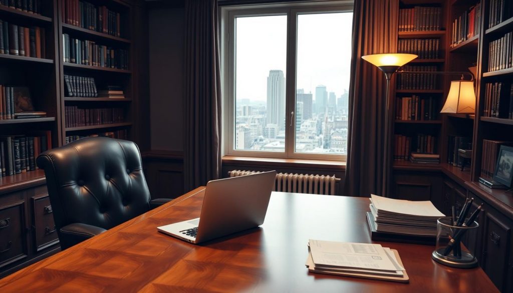 A cozy office interior with a large wooden desk, a plush leather chair, and bookshelves lining the walls. On the desk, a laptop, a stack of financial documents, and a pen holder. The lighting is warm and inviting, with a floor lamp casting a soft glow. Through the window, a cityscape can be seen, hinting at the larger context of inheritance tax planning. The overall atmosphere conveys a sense of professionalism and thoughtful decision-making.