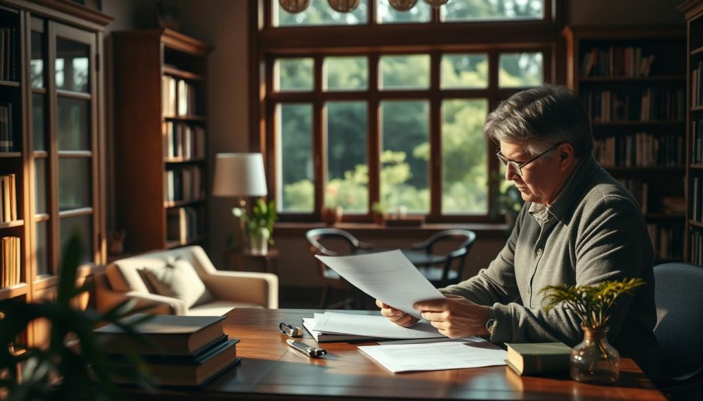 A cozy study filled with warm, natural light, showcasing a married couple seated at a wooden desk, deep in discussion over inheritance tax planning documents. In the foreground, the couple examines papers and financial statements, their expressions thoughtful and focused. In the middle ground, bookshelves line the walls, hinting at the expertise and knowledge required for effective estate planning. The background features a large window, offering a serene view of a lush garden, symbolizing the importance of securing a family's financial future. The overall mood is one of diligence, care, and a determination to ensure a smooth intergenerational wealth transfer.