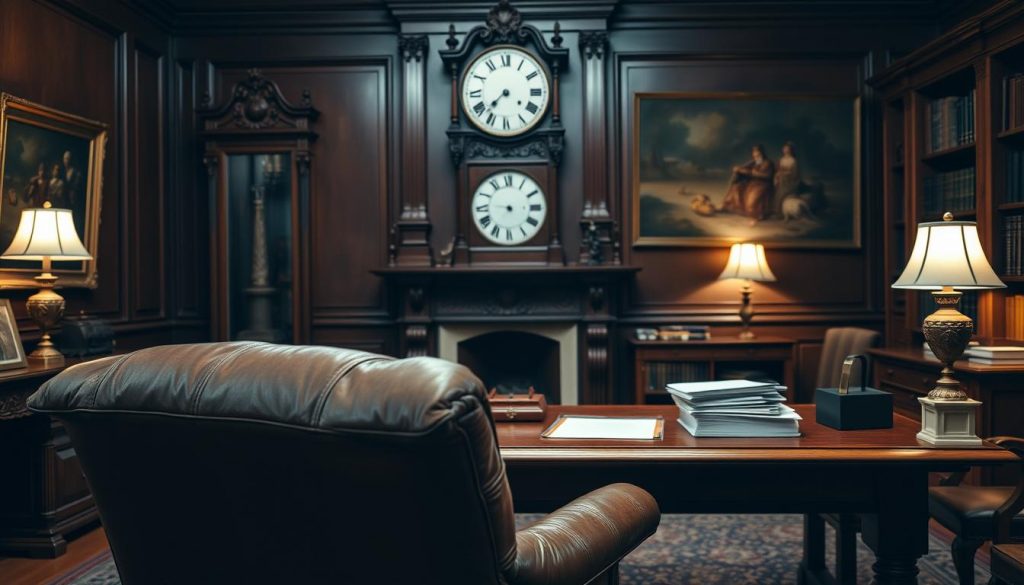 A cozy study with rich mahogany furnishings, a large ornate grandfather clock, and a stack of legal documents on an oak desk. Soft ambient lighting from a fireplace and a single table lamp creates a somber, contemplative atmosphere. In the foreground, a weathered leather armchair faces the desk, hinting at the gravity of the "Inheritance Tax Limit 2025" subject. The walls are adorned with classic oil paintings and antique bookshelves, conveying a sense of established tradition. The overall scene evokes the weight and responsibility of financial planning for the future.