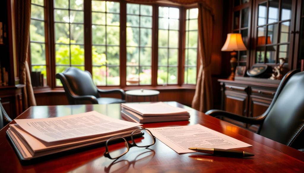 A cozy study with rich mahogany furnishings and a large window overlooking a lush garden. Soft, warm lighting illuminates a wooden desk, where a laptop and a stack of documents are neatly arranged. In the foreground, a pair of reading glasses and a pen rest on the desk, suggesting the owner's deep contemplation of the inheritance tax planning materials. The atmosphere conveys a sense of diligence, foresight, and the importance of securing one's family's future.