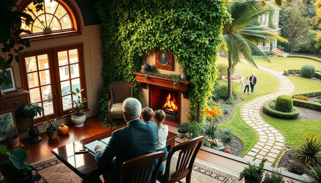 A cozy, well-appointed home nestled in a lush, verdant landscape, as the sun's warm rays filter through the windows, casting a gentle glow over the meticulously arranged furnishings and decor. In the foreground, a well-dressed couple sits at a table, discussing estate planning documents, surrounded by potted plants and tasteful artwork. The middle ground features a family gathered around a fireplace, engaged in conversation, symbolizing the intergenerational transfer of wealth and property. In the background, a garden with a winding path and a lone figure strolling, representing the future and the continuity of family legacy. The scene exudes a sense of tranquility, security, and the thoughtful planning for the preservation of one's inheritance.