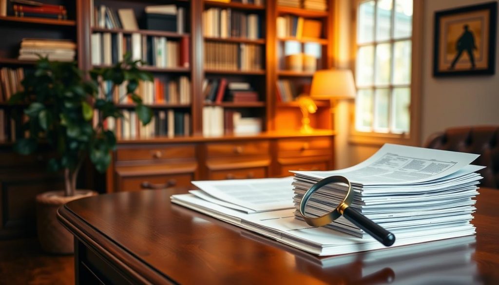 A cozy, well-lit office setting with a large wooden desk, a potted plant, and a well-organized bookshelf in the background. On the desk, a stack of documents and a magnifying glass, symbolizing the detailed research and analysis required for inheritance tax exemptions. The lighting is warm and inviting, creating a sense of professionalism and expertise. The overall scene conveys an atmosphere of thoughtful consideration and attention to detail, reflecting the subject matter of the article's section on "Frequently Asked Questions About Inheritance Tax."