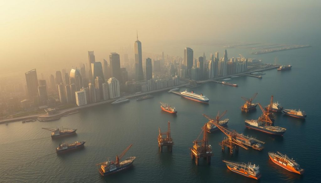 A detailed aerial view of a coastal city skyline, with skyscrapers and financial institutions prominently displayed. In the foreground, a complex network of offshore rigs, platforms, and cargo ships, conveying the idea of international finance and asset management. The sky is filled with a subtle haze, creating a sense of mystery and intrigue around the offshore activities. The lighting is dramatic, with warm tones highlighting the industrial nature of the scene. The overall composition suggests the scale and complexity of global financial systems and the challenges of assessing the value of overseas assets.