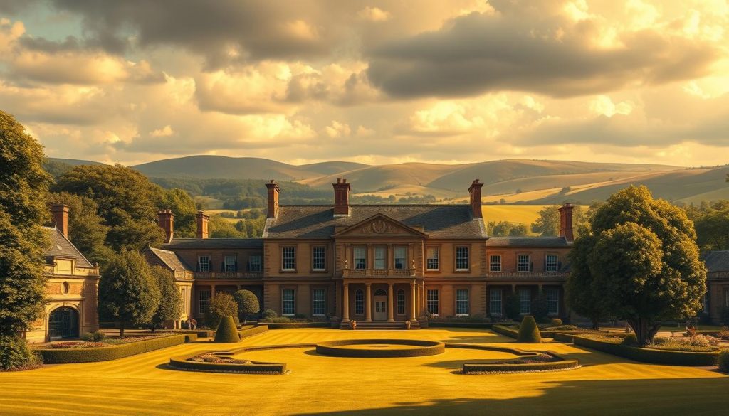 A detailed architectural illustration depicting the inheritance tax thresholds in the United Kingdom. The composition showcases a grand manor house in the foreground, with a lush, manicured garden in the middle ground. In the background, rolling hills and a cloudy sky set the scene. The lighting is warm and golden, creating a sense of elegance and tradition. The image is rendered with a high level of realism, highlighting the intricate details of the manor's facade and the carefully curated landscaping. The overall tone is one of wealth, legacy, and the enduring nature of family inheritance.