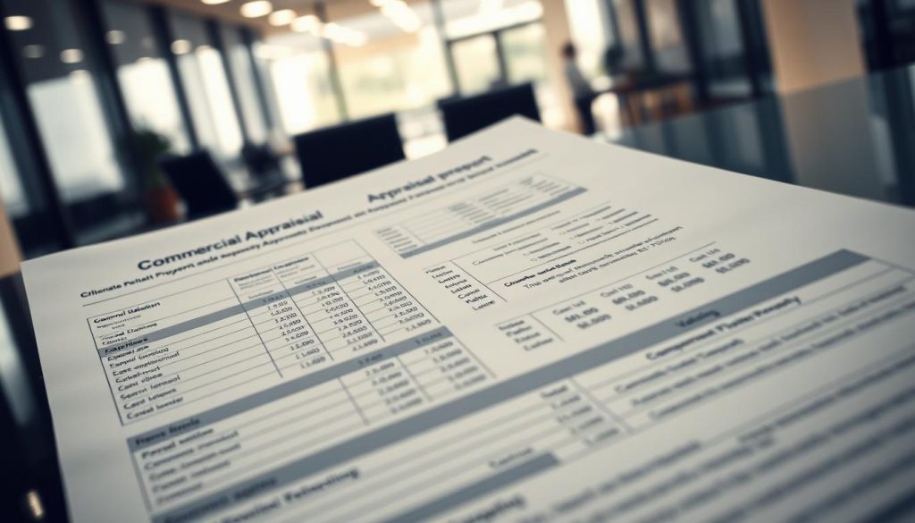 A detailed commercial property appraisal report, set against a professional, modern office backdrop. The report features meticulously organized financial data, valuation calculations, and analysis of comparable properties. The lighting is soft and diffused, creating a contemplative atmosphere. The camera angle is slightly elevated, giving a sense of authority and expertise. The color palette is restrained, with muted tones of gray, blue, and beige, reflecting the seriousness of the topic. The overall impression is one of a thorough, well-researched valuation process, suitable for understanding the complexities of commercial property taxation.