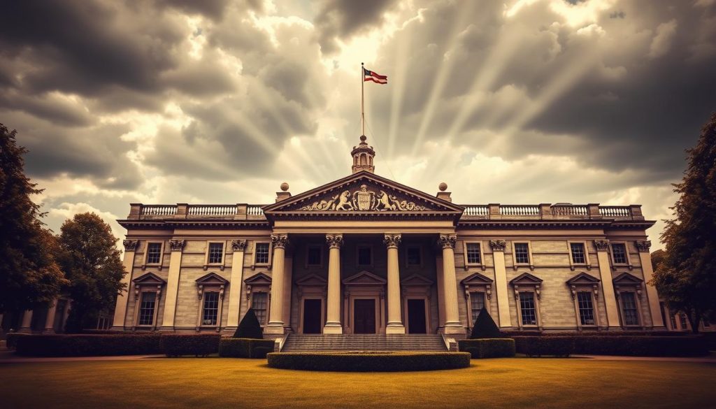 A detailed, high-contrast rendering of an ornate government building with a grand facade, showcasing classical architectural elements like columns, arches, and intricate stonework. The foreground is a well-manicured lawn with hedges and trees, while the background features a cloudy, dramatic sky with beams of light breaking through. The scene conveys a sense of authority, tradition, and the weighty implications of inheritance tax laws as they pertain to commercial property.