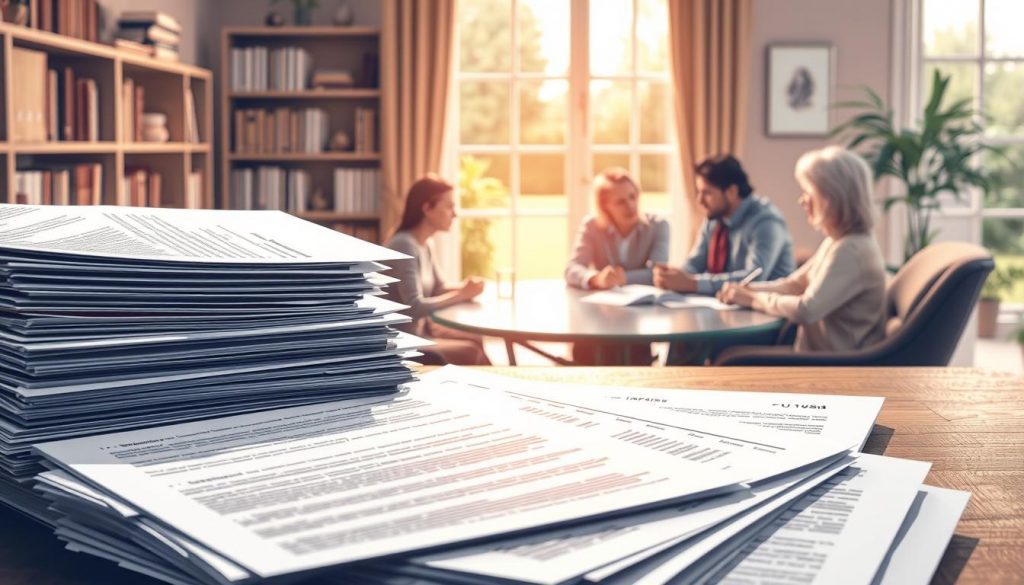 A detailed illustration of common inheritance tax reliefs and allowances. In the foreground, a stack of legal documents and forms, meticulously arranged, conveying the complex nature of estate planning. In the middle ground, a family gathered around a table, discussing inheritance strategies with a financial advisor, their expressions thoughtful and concerned. In the background, a softly lit office setting, with bookshelves and a large window overlooking a tranquil garden, suggesting the importance of careful financial planning for the future. The lighting is warm and inviting, creating a sense of professionalism and trust. The overall scene reflects the gravity and nuance of navigating inheritance tax reliefs and allowances, aiming to guide UK families towards a secure financial future.