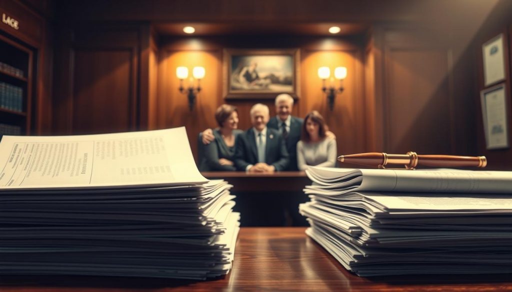 A detailed illustration of inheritance tax exemptions, captured in a sophisticated, balanced composition. The foreground depicts meticulously stacked documents and ledgers, representing the legal and financial aspects of inheritance planning. The middle ground showcases a family portrait, conveying the human element and personal stakes involved. The background features a dimly lit, wood-paneled office setting, evoking a sense of tradition and legacy. Soft, directional lighting illuminates the scene, creating depth and emphasizing the key elements. The overall mood is one of seriousness, responsibility, and the importance of securing one's family's future.