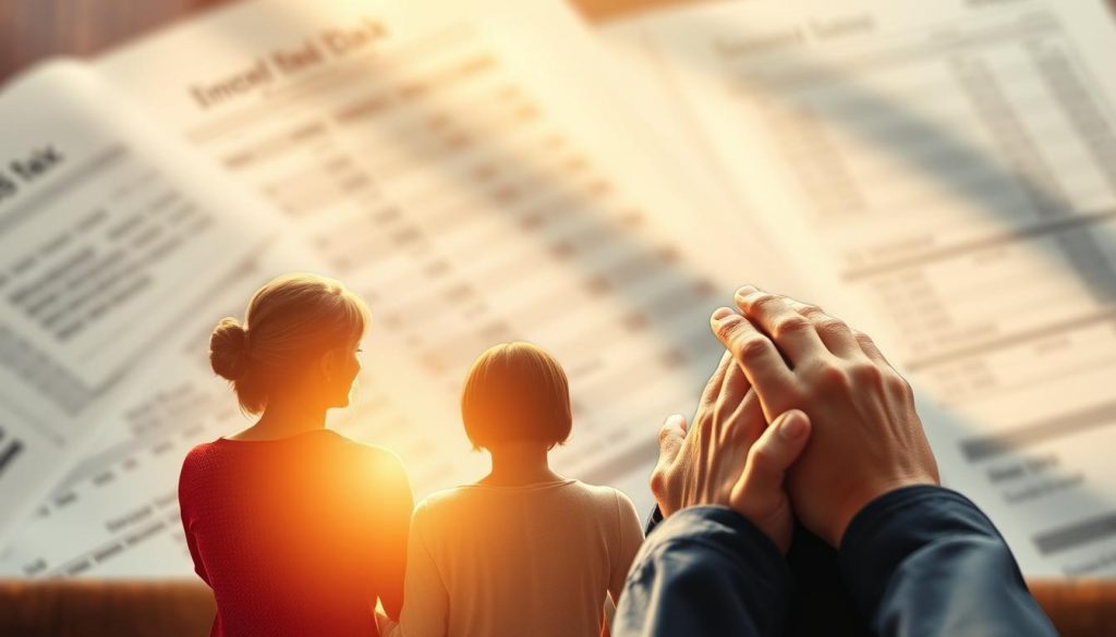 A detailed illustration of inheritance tax implications, featuring a thoughtful juxtaposition of familial bonds and financial considerations. In the foreground, a warm, golden light illuminates a family gathering, hands clasped in quiet contemplation. In the middle ground, financial documents and ledgers cast shadows, hinting at the complexities of estate planning. The background is subtly blurred, evoking a sense of uncertainty and the need for guidance. The overall composition conveys the delicate balance between preserving one's legacy and ensuring the security of loved ones, inviting the viewer to ponder the implications of inheritance tax.