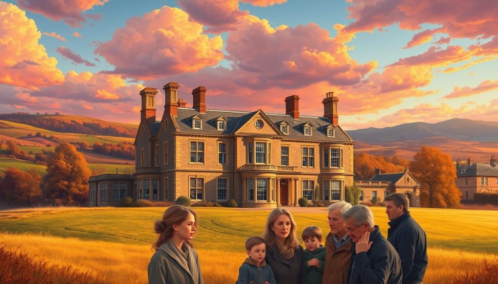 A detailed illustration of the Inheritance Tax in the UK, depicting a stately manor house set against a backdrop of rolling hills and a vibrant sky. In the foreground, a family gathers, their expressions a mix of contemplation and concern, as they navigate the complexities of this tax system. The scene is bathed in warm, golden light, conveying a sense of tradition and legacy. The composition is balanced, with the manor house commanding the central focus, while the family members and the natural landscape provide depth and context. The overall mood is one of thoughtfulness and gravitas, reflecting the weighty nature of the subject matter.