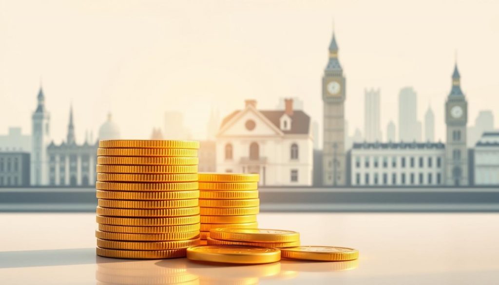 A detailed illustration of the UK inheritance tax rate. A sleek, modern composition with a clean, minimalist aesthetic. In the foreground, a stack of golden coins, casting soft, warm lighting across the scene. In the middle ground, a family home, representing the primary asset subject to inheritance tax. The background features a cityscape of iconic British architecture, symbolizing the broader economic and social context. The image conveys a sense of financial security, stability, and the importance of careful estate planning. Rendered with precise, high-resolution detail and a sophisticated color palette.