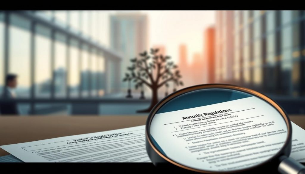 A detailed, technical illustration depicting the taxation rules for annuities. In the foreground, a magnified view of financial documents outlining annuity regulations, with a focus on beneficiary-related clauses. The middle ground features a stylized representation of a family tree, symbolizing the inheritance process. In the background, a blurred cityscape with office buildings, conveying the complex financial landscape. The lighting is soft and natural, creating a contemplative atmosphere. The lens is crisp and high-resolution, allowing for a clear, informative visualization of the subject matter.