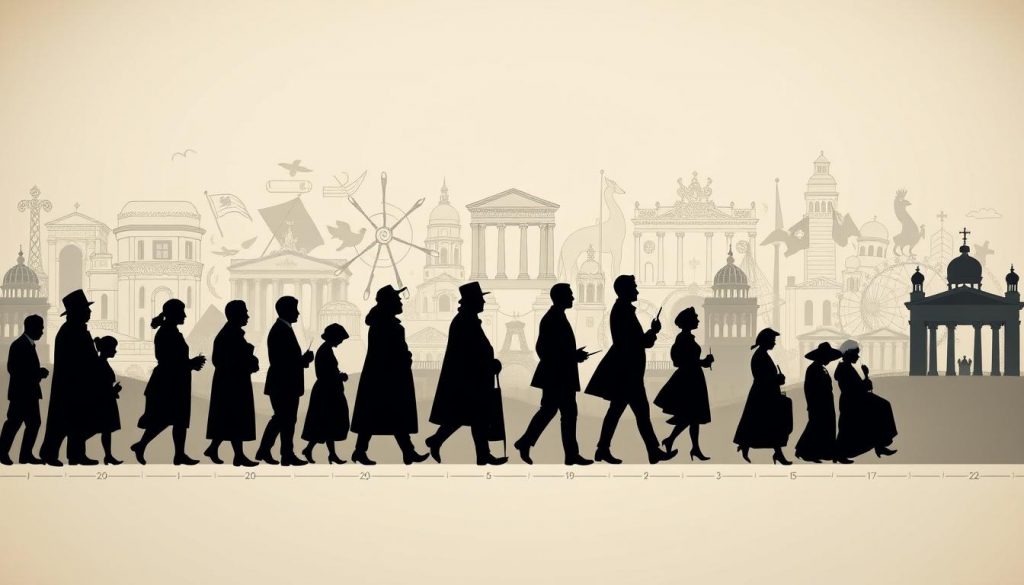A detailed timeline depicting the historical evolution of inheritance tax, showcased through a striking visual narrative. In the foreground, a series of iconic silhouettes representing various historical figures and eras, each symbolizing a pivotal moment in the development of this tax policy. The middle ground features a delicate interplay of intricate line work and subtle shading, tracing the gradual changes and reforms over time. The background paints a broader picture, with architectural elements and symbolic imagery evoking the sociopolitical and economic landscape that shaped the inheritance tax's trajectory. Soft, muted tones create a sense of timelessness, while carefully curated lighting and composition lend an air of contemplative elegance to the scene.