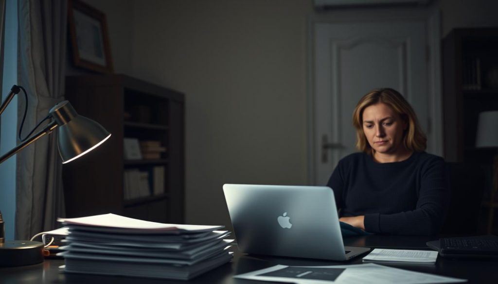 A dimly lit home office, the soft glow of a desk lamp illuminating stacks of legal documents and a laptop. In the foreground, an unmarried couple sits solemnly, expressions heavy with the weight of inheritance tax implications. The background fades into a muted, somber palette, conveying the gravity of the financial decision they face. Shadows cast by the architectural details lend a sense of depth and complexity to the scene. The image captures the emotional and financial challenges unmarried couples navigate when considering inheritance tax, setting the stage for the article's exploration of this critical issue.