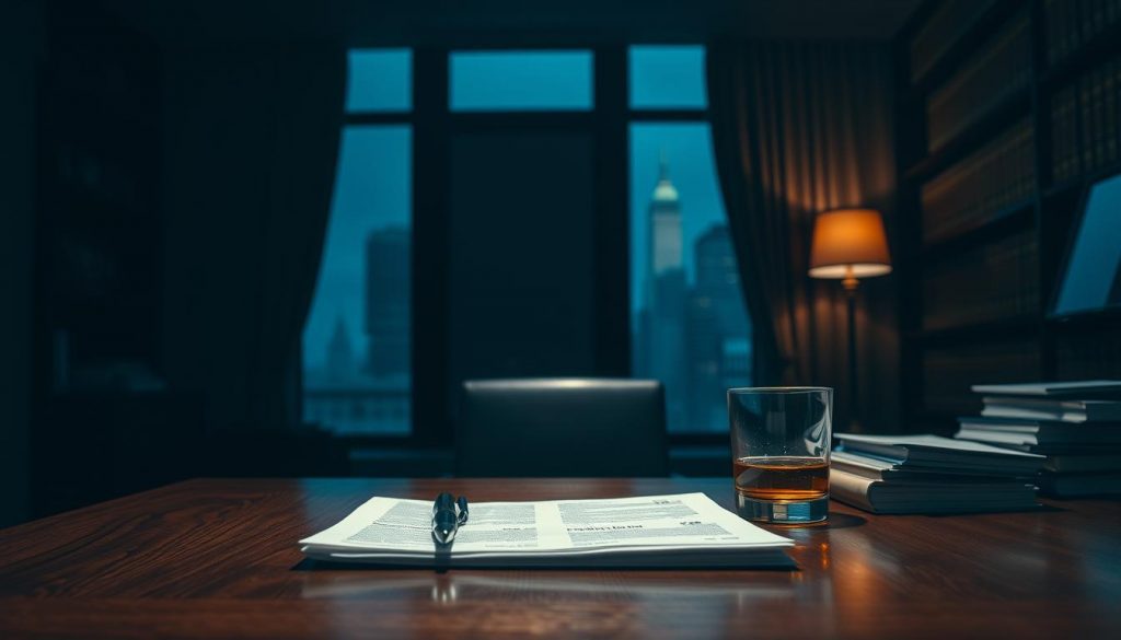 A dimly lit office interior, with a mahogany desk in the foreground. On the desk, a stack of financial documents, a pen, and a glass of whiskey. In the middle ground, a bookshelf filled with law books, casting deep shadows. The background is blurred, suggesting an imposing window overlooking the city skyline. The lighting is dramatic, with warm highlights on the desk objects and a moody, contemplative atmosphere. The scene conveys the weighty responsibility and complex considerations faced by a professional advisor navigating the intricate web of non-domicile inheritance tax implications.