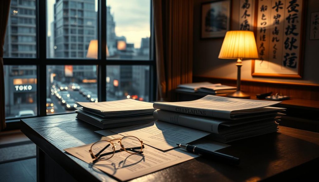 A dimly lit office interior, with a wooden desk and a large window overlooking the bustling streets of Tokyo. On the desk, a stack of documents and files related to inheritance tax laws, casting soft shadows across the surface. A single desk lamp provides warm illumination, creating a contemplative atmosphere. The walls are adorned with Japanese calligraphy and artwork, reflecting the cultural context. In the foreground, a pair of reading glasses and a pen rest next to the documents, hinting at the meticulous attention required to navigate the complexities of inheritance tax reporting in Japan.