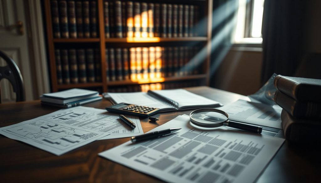 A dimly lit study, a wooden desk in the foreground, intricate financial documents scattered across its surface. In the middle ground, a calculator, a pen, and a strategically placed magnifying glass, hinting at the careful analysis of tax mitigation options. The background features a bookshelf, its shelves adorned with leather-bound volumes, casting a warm, scholarly glow over the scene. Subtle rays of light filter through a window, illuminating the key elements and creating a sense of contemplation and problem-solving. The overall mood is one of thoughtful deliberation, with the goal of protecting the viewer's ISA from inheritance tax in the UK.