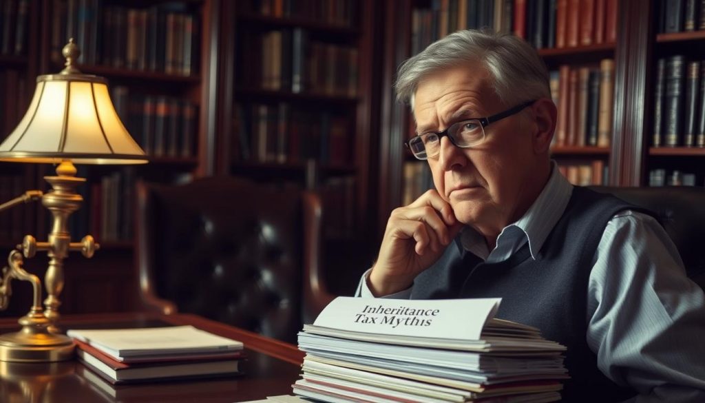 A dimly lit study, bookshelves lining the walls, casting soft shadows. On a mahogany desk, a stack of files and documents labeled "ISA Inheritance Tax Myths" sit among a brass desk lamp and a well-worn leather armchair. A thoughtful expression on the face of a knowledgeable financial advisor, contemplating the complexities of inheritance tax regulations. The atmosphere is one of quiet contemplation, with muted lighting and a sense of expertise and authority.
