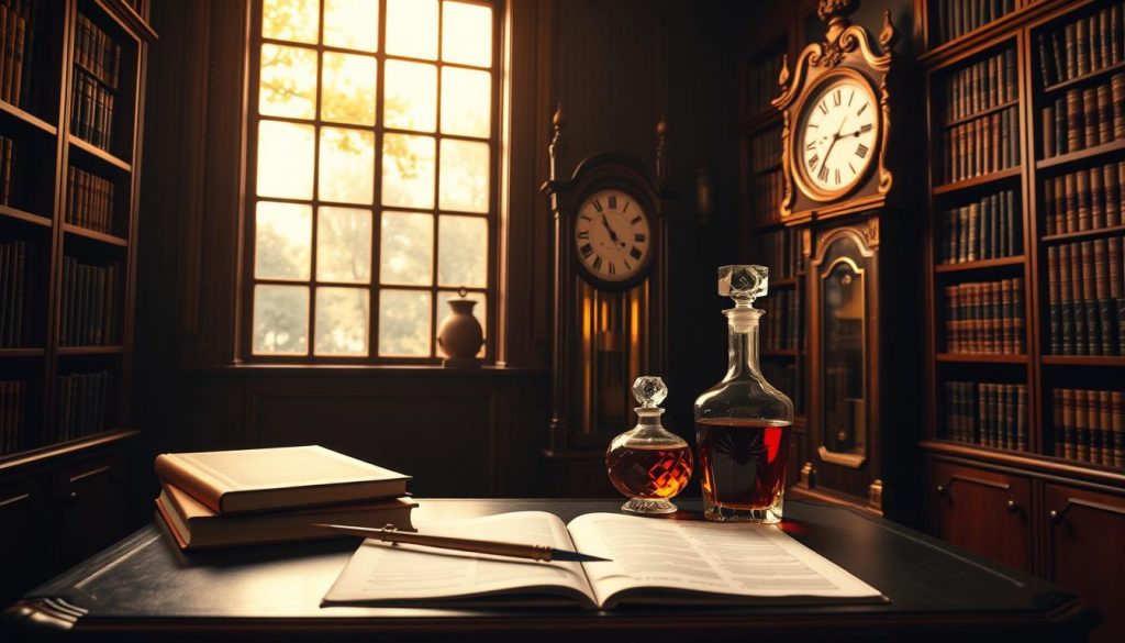 A dimly lit study, its walls lined with mahogany bookshelves. In the foreground, an ornate wooden desk with a quill pen and an open ledger, symbolizing the intricacies of estate planning. Above the desk, a large window casts soft, golden light, illuminating a trio of imposing law books and a crystal decanter of amber-hued liquid, hinting at the gravity of inheritance-related decisions. In the background, a grandfather clock ticks away, underscoring the passage of time and the importance of securing one's legacy. The scene exudes an air of contemplation and the weight of responsibility, capturing the essence of the "Common Myths About Will Trusts and Inheritance Tax" section.