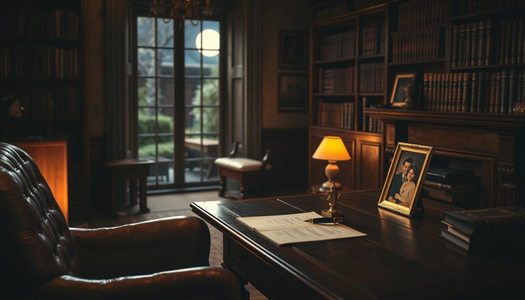 A dimly lit study, the air heavy with the scent of old books and mahogany furniture. In the foreground, a well-worn leather armchair faces a sturdy oak desk, its surface cluttered with documents and a vintage fountain pen. A flickering fireplace casts a warm glow, illuminating the room's rich, earthy tones. On the desk, a brass-framed photograph of a family stands as a silent reminder of the importance of legacy planning. The middle ground reveals a bookshelf, its shelves lined with volumes on estate management and financial planning, hinting at the complexities of preserving one's assets. In the background, a window offers a glimpse of a moonlit garden, a serene and contemplative setting for the thoughtful consideration of one's financial future.