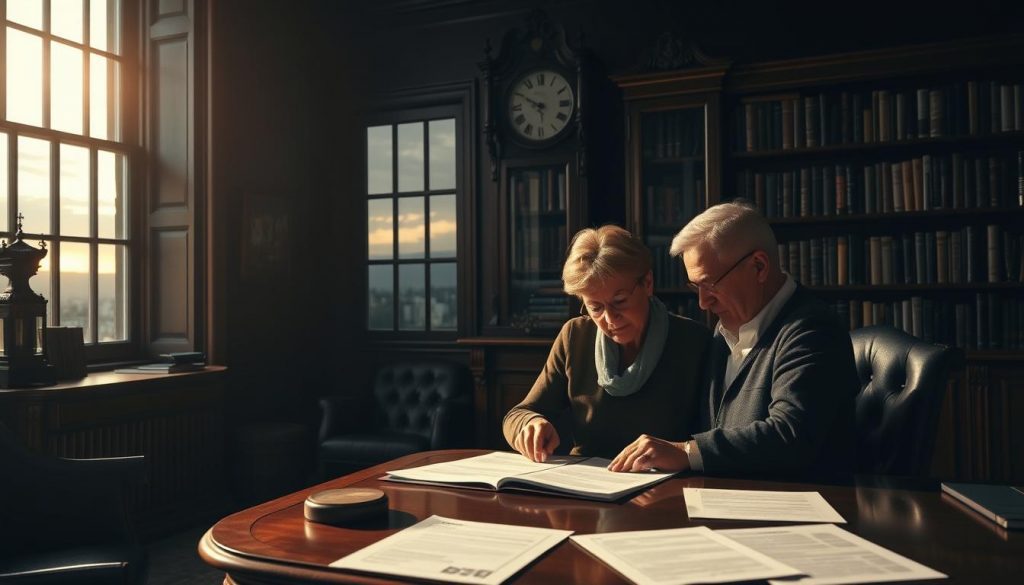 A dimly lit study with antique oak furniture, a grandfather clock, and bookshelves lining the walls. In the foreground, a middle-aged couple sit at a mahogany desk, poring over financial documents and discussing their inheritance tax planning. Soft lighting casts warm shadows, creating an atmosphere of contemplation and concern. The window in the background reveals a sunset sky, hinting at the passing of time and the importance of preparing for the future. The scene conveys the complex challenges of navigating inheritance taxes and the need for careful financial planning.