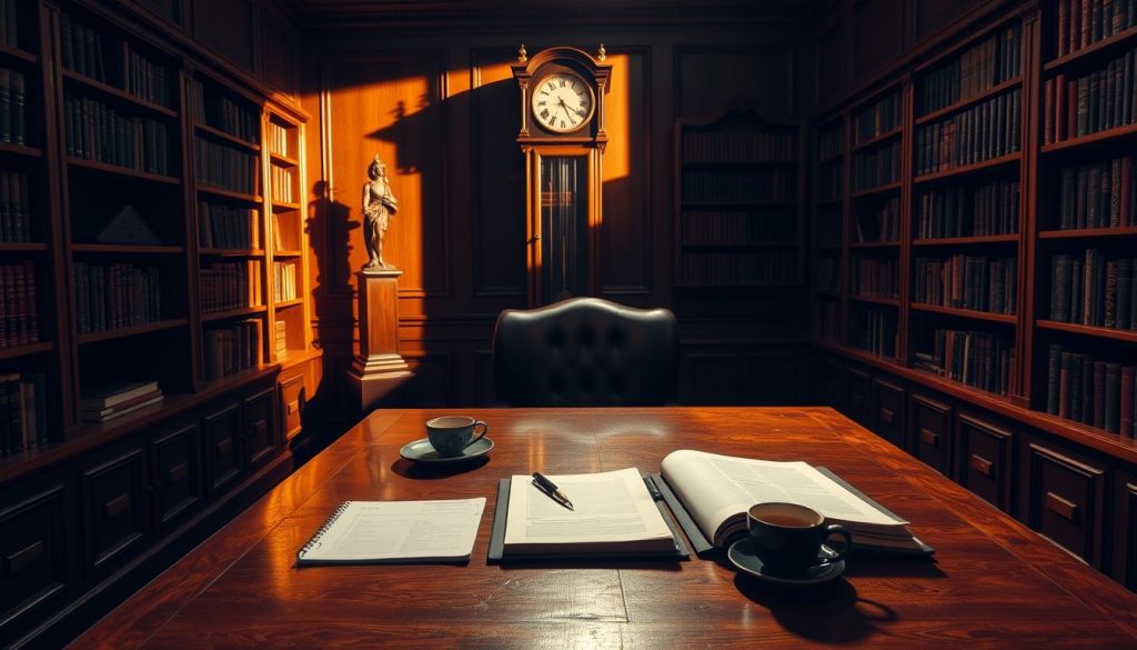A dimly lit study with mahogany bookshelves lining the walls, a large oak desk in the center. On the desk, an open ledger, a pen, and a cup of tea. In the background, a grandfather clock ticks softly, casting long shadows across the room. The lighting is warm and subdued, creating a contemplative atmosphere. A high-backed leather chair sits in front of the desk, inviting the viewer to step into the role of a financial advisor, carefully considering estate planning strategies to mitigate the UK's steep inheritance tax.
