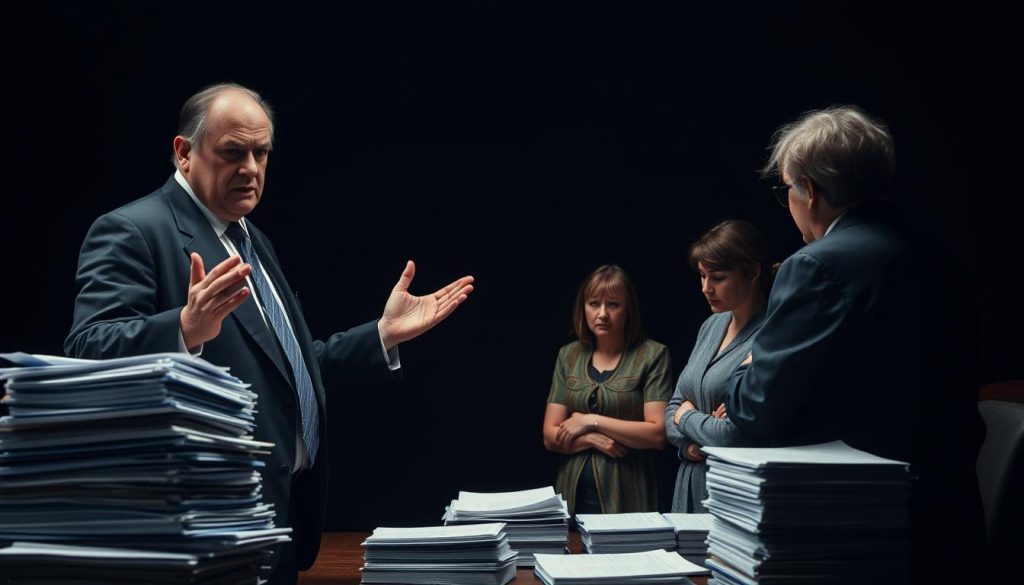 A dramatic, cinematic scene depicting the consequences of unpaid Inheritance Tax. In the foreground, a stern-faced tax official stands before a troubled family, gesturing sternly as they face the penalties and interest owed. The middle ground shows stacks of documents and ledgers, symbolizing the complex bureaucracy. In the dimly lit background, a shadowy figure representing the looming threat of legal action. The lighting is chiaroscuro, creating a sense of tension and unease. The overall mood is one of weighty consequences and the burden of financial obligation.