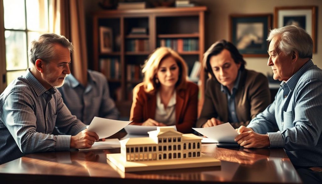 A family gathered around a table, discussing estate planning for their family business. The scene is bathed in warm, golden light, creating a sense of comfort and thoughtfulness. In the foreground, the family members sit together, their expressions serious yet engaged, as they review documents and consider their options. In the middle ground, a model of the family business stands, symbolizing the legacy they aim to preserve. The background features a well-appointed home office, with bookshelves and framed artwork, hinting at the family's history and values. The overall atmosphere conveys the importance of careful planning and the desire to protect the family's future.