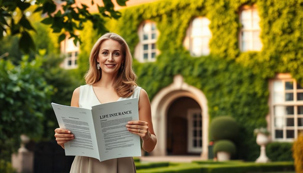 A graceful, elegant woman standing confidently, holding an open life insurance policy document, surrounded by lush, verdant greenery and a warm, golden light. In the background, a stately manor house with ivy-covered walls, symbolizing the importance of inheritance planning. The scene evokes a sense of security, foresight, and the seamless integration of life insurance into a comprehensive inheritance strategy. The composition is balanced, with the woman's pose and the architectural elements creating a harmonious visual flow.